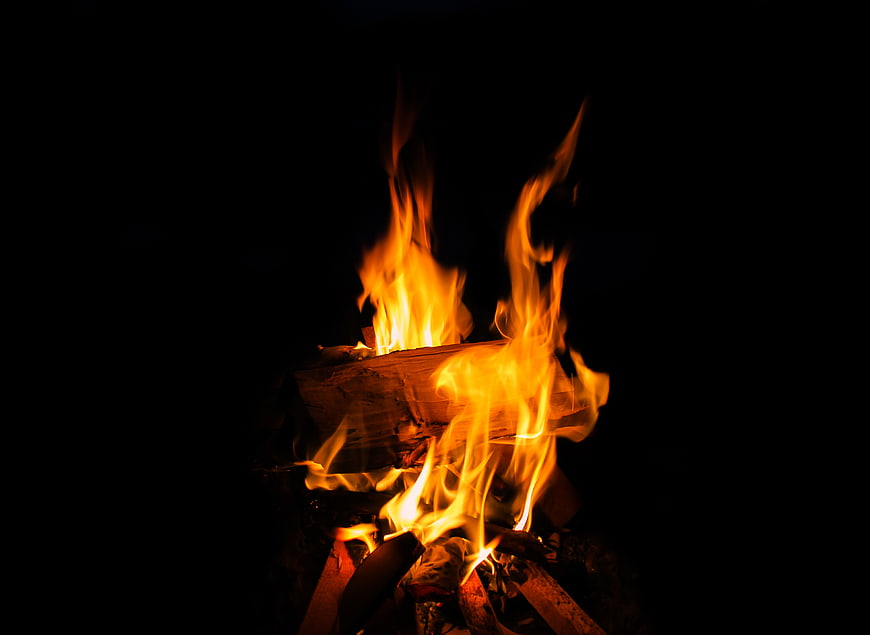 Campfire Flames Burning on Logs at Night