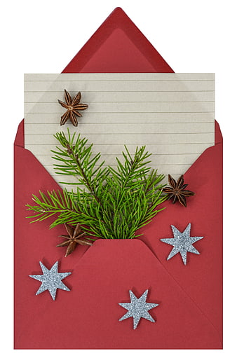 Red Christmas Envelope With Pine Sprig, Star Anise, And Glitter Stars
