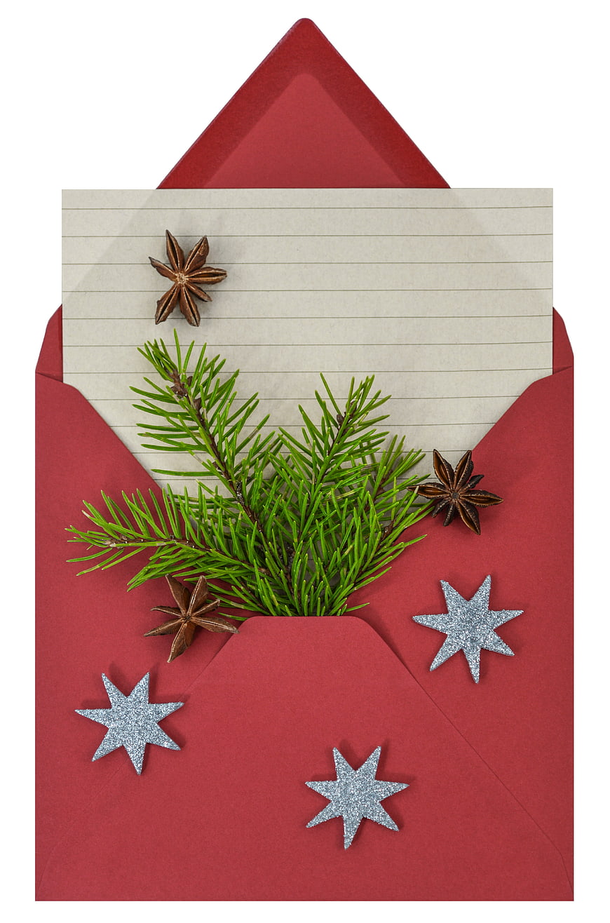Red Christmas Envelope With Pine Sprig, Star Anise, And Glitter Stars