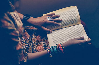 Woman Reading Book with Vintage Accessories