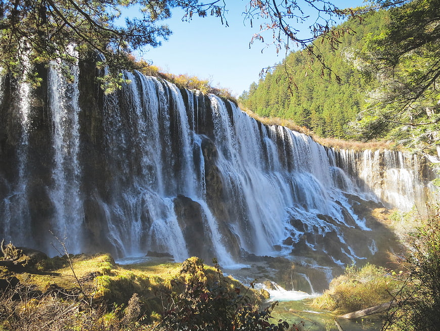 Wide Waterfall Cascading Through Forest in Jiuzhaigou