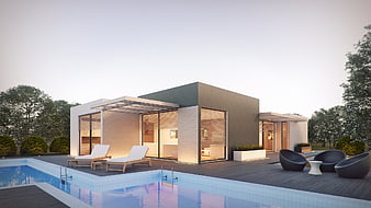 Modern modular house with pool and outdoor lounge area