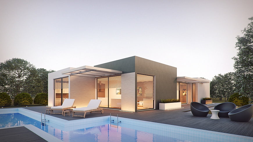 Modern modular house with pool and outdoor lounge area