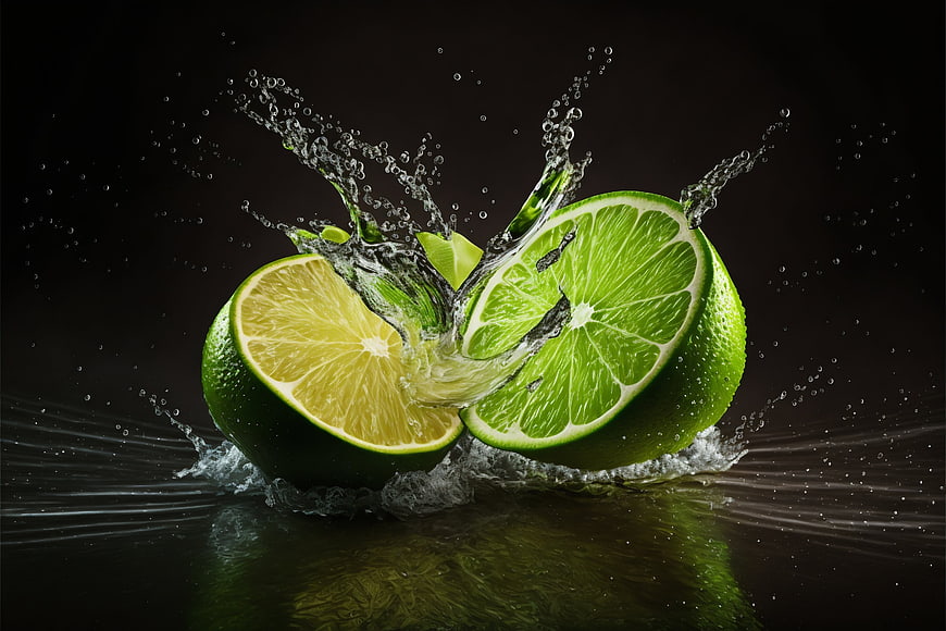 Fresh Lime Halves Splashing in Water on Dark Background