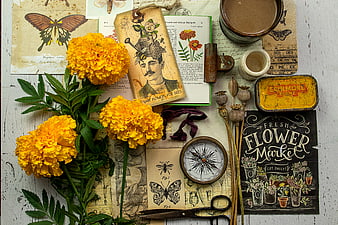 Vintage Botanical Flat Lay with Marigolds and Antique Objects