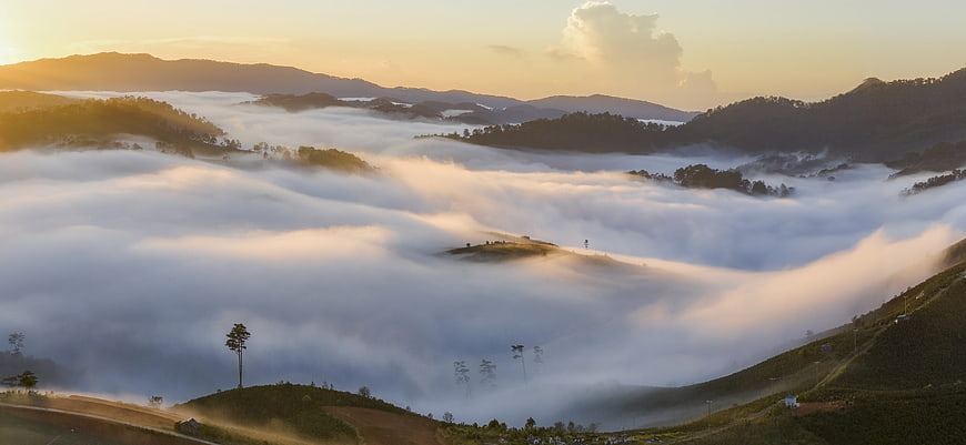 Misty Mountain Valley Landscape At Golden Hour
