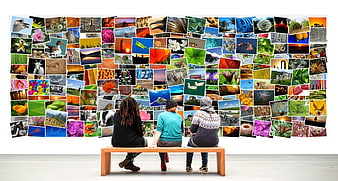 Three people viewing a massive collage of colorful photographs