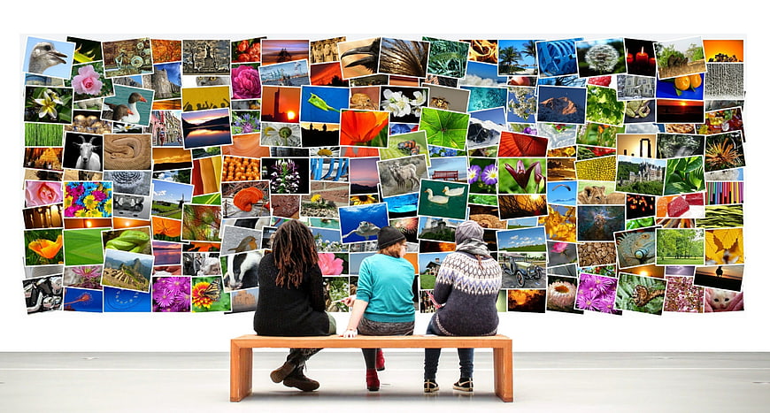 Three people viewing a massive collage of colorful photographs