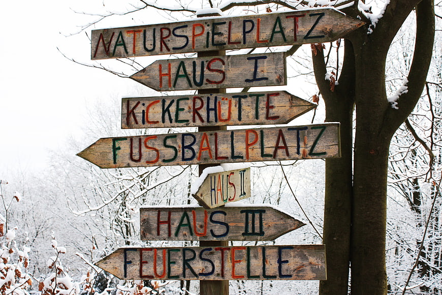 Rustic wooden signpost with German directions in snowy winter forest