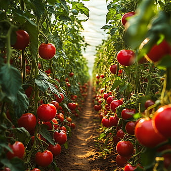 Rows of Ripe Red Tomatoes in a Greenhouse