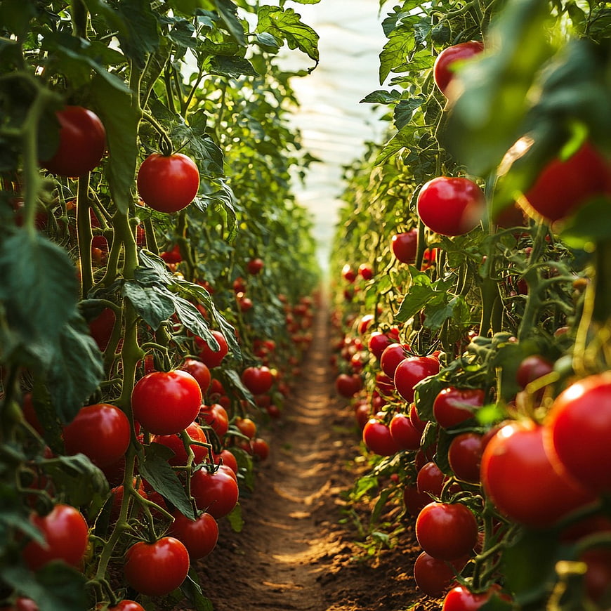 Rows of Ripe Red Tomatoes in a Greenhouse