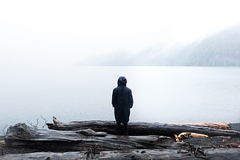 Man in Raincoat Standing on Driftwood by Foggy Lake