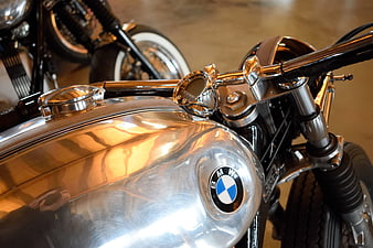 Close-up of vintage BMW motorcycle chrome gas tank