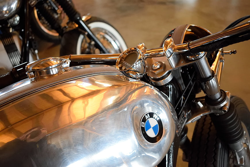 Close-up of vintage BMW motorcycle chrome gas tank