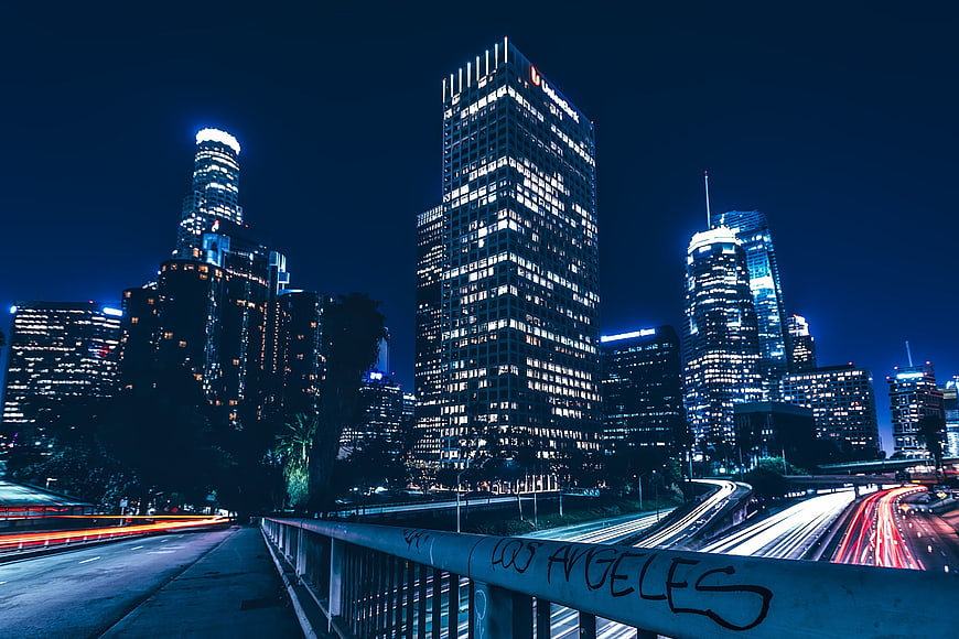 Los Angeles Downtown Skyline at Night with Highway Light Trails