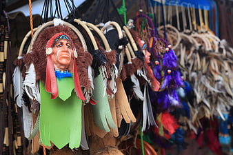 Colorful Native American Style Masks Hanging for Sale