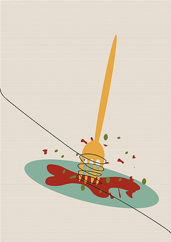 Minimalist illustration of spaghetti with fork and tomato sauce