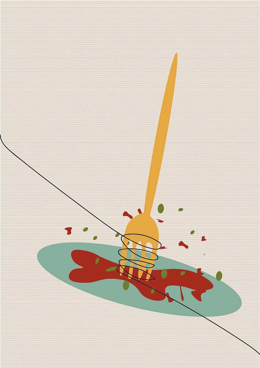 Minimalist illustration of spaghetti with fork and tomato sauce