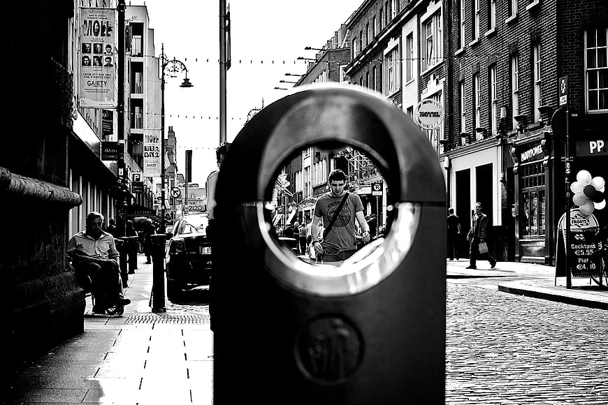 Black and White Street Photography Through Bollard Lens