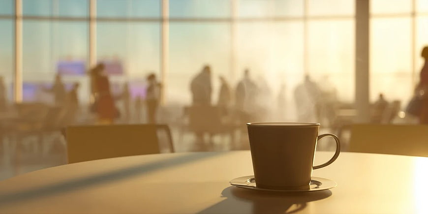 Coffee Cup on Table in Busy Airport Lounge