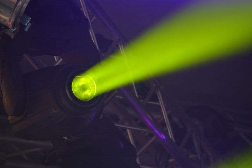 Green laser beam from stage light fixture