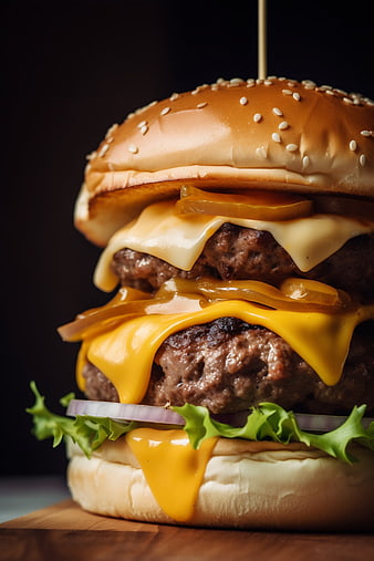 Juicy Double Cheeseburger Close-Up on Wooden Board