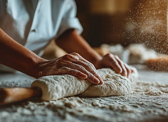 Close-up of hands kneading fresh dough with flour