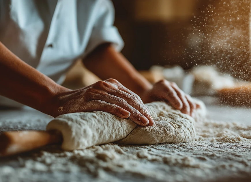 Close-up of hands kneading fresh dough with flour