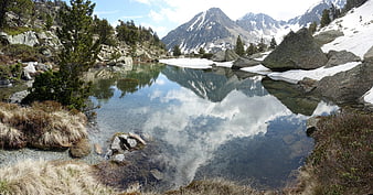 Alpine Lake with Mountain Reflections and Snow Patches