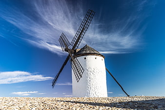 Traditional White Windmill in Castile-La Mancha Landscape