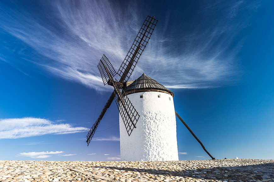 Traditional White Windmill in Castile-La Mancha Landscape