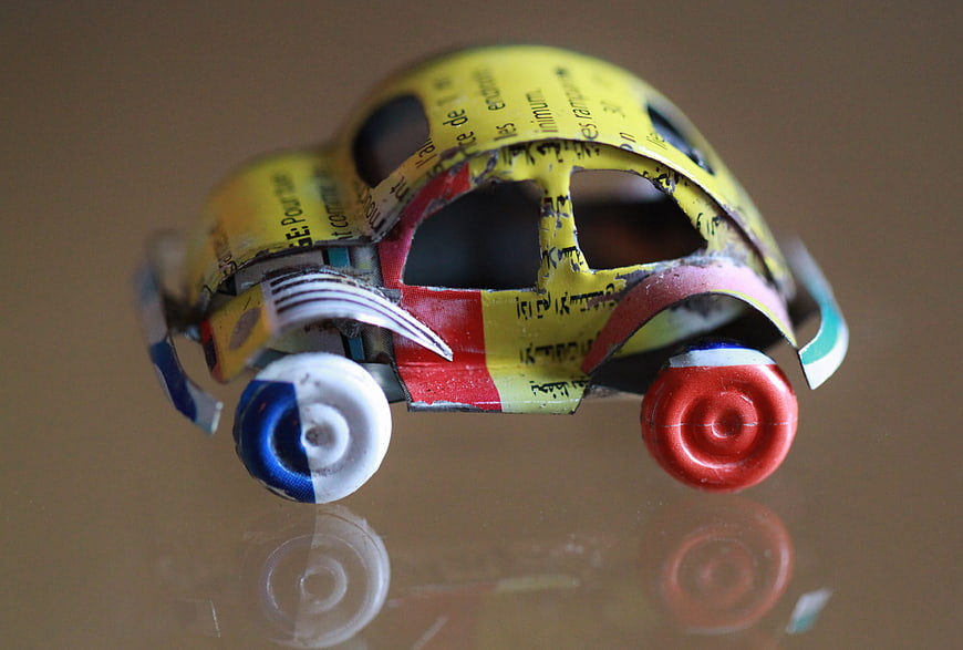 Handcrafted Miniature Car Sculpture Made from Recycled Aluminum Cans