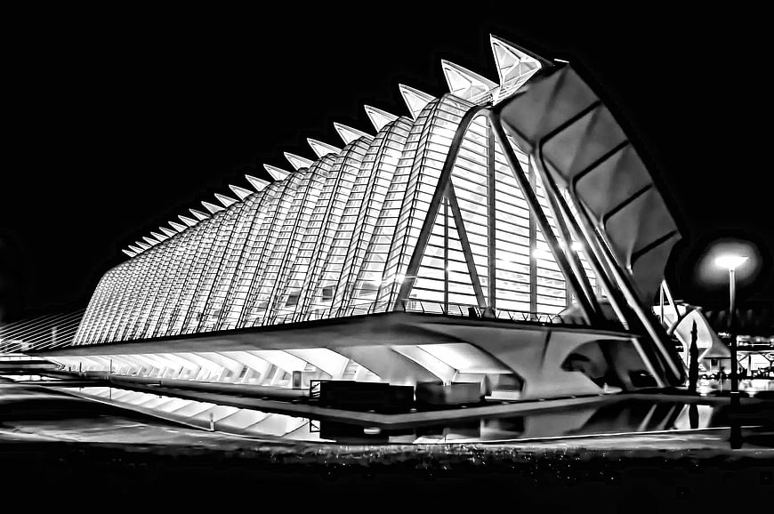 Black and white night view of modern architectural structure