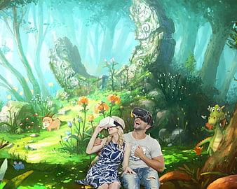 Couple using VR headsets in a magical fantasy forest