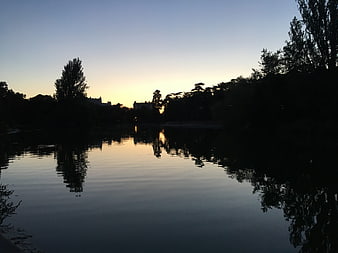 Serene Sunset Reflection on Calm Lake with Silhouetted Trees