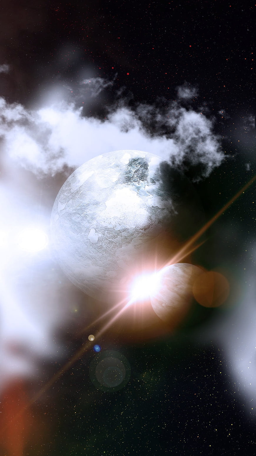 Icy Planet With Bright Lens Flare And Cosmic Clouds