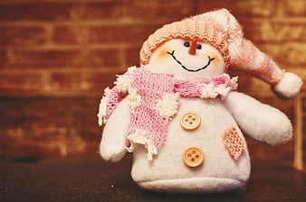 Cute Knitted Snowman Toy with Pink Hat and Scarf
