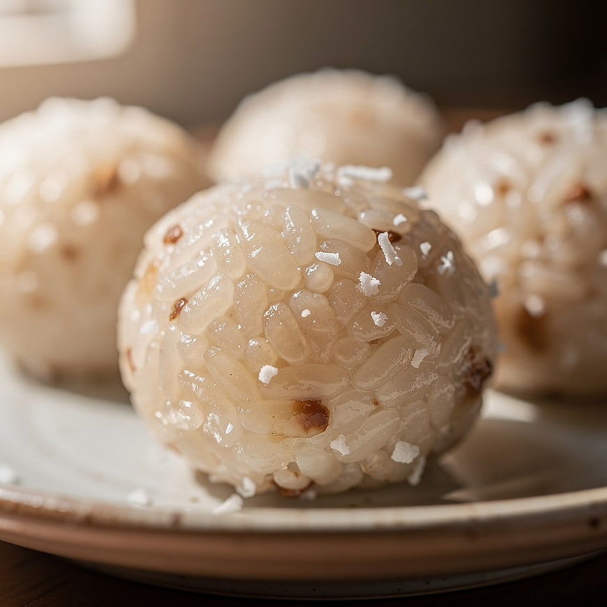 Close-up of Sweet Glutinous Rice Balls with Coconut