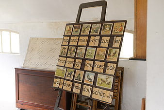 Vintage Dutch Reading Board with Wooden Blocks and Illustrations