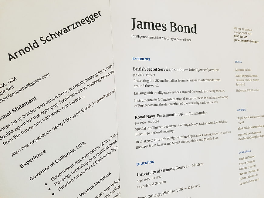 Humorous James Bond and Arnold Schwarzenegger Resume Documents