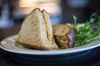 Close-up of toasted sandwich with greens on white plate
