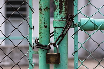 Rusty padlock securing a weathered green chain-link fence gate