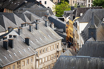 Aerial View of Historic European Town Roofs and Narrow Street