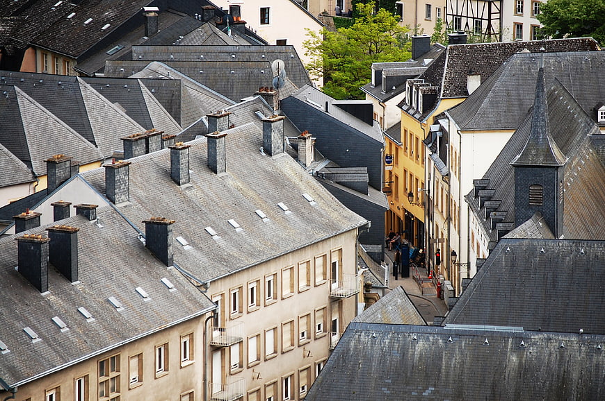 Aerial View of Historic European Town Roofs and Narrow Street