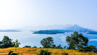 Serene Lake Landscape with Distant Mountains and Foreground Trees