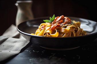 Dark moody tagliatelle pasta with roasted tomatoes