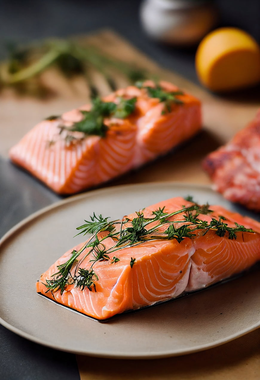 Fresh raw salmon fillet with dill on ceramic plate