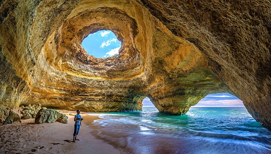Benagil Cave Interior with Skyhole and Ocean View