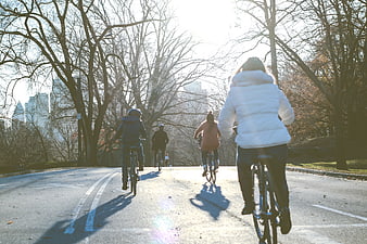Group of Cyclists Riding on Paved Path in City Park