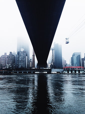 Underneath Manhattan Bridge in Foggy New York City